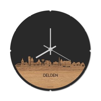 Skyline Klok Rond Delden Eiken houten cadeau decoratie relatiegeschenk van WoodWideCities