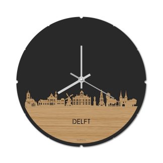 Skyline Klok Rond Delft Bamboe houten cadeau decoratie relatiegeschenk van WoodWideCities