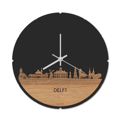 Skyline Klok Rond Delft Eiken houten cadeau decoratie relatiegeschenk van WoodWideCities