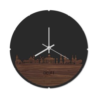 Skyline Klok Rond Delft Noten houten cadeau decoratie relatiegeschenk van WoodWideCities