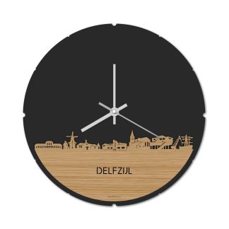 Skyline Klok Rond Delfzijl Bamboe Bamboe  houten cadeau decoratie relatiegeschenk van WoodWideCities