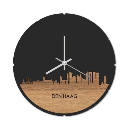 Skyline Klok Rond Den Haag Eiken houten cadeau decoratie relatiegeschenk van WoodWideCities