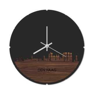 Skyline Klok Rond Den Haag Noten houten cadeau decoratie relatiegeschenk van WoodWideCities