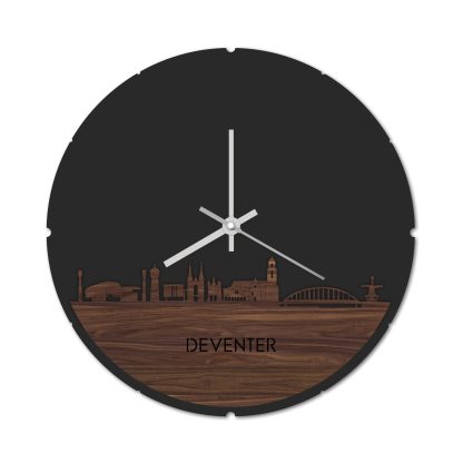 Skyline Klok Rond Deventer Noten houten cadeau decoratie relatiegeschenk van WoodWideCities