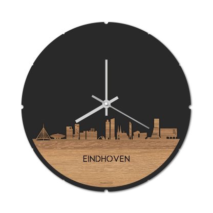 Skyline Klok Rond Eindhoven Eiken houten cadeau decoratie relatiegeschenk van WoodWideCities