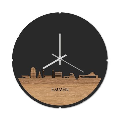 Skyline Klok Rond Emmen Eiken Eiken houten cadeau decoratie relatiegeschenk van WoodWideCities