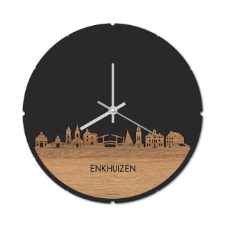 Skyline Klok Rond Enkhuizen Eiken houten cadeau decoratie relatiegeschenk van WoodWideCities