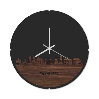 Skyline Klok Rond Enkhuizen Noten houten cadeau decoratie relatiegeschenk van WoodWideCities