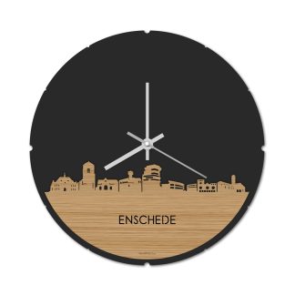 Skyline Klok Rond Enschede Bamboe Bamboe  houten cadeau decoratie relatiegeschenk van WoodWideCities