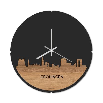 Skyline Klok Rond Groningen Eiken houten cadeau decoratie relatiegeschenk van WoodWideCities