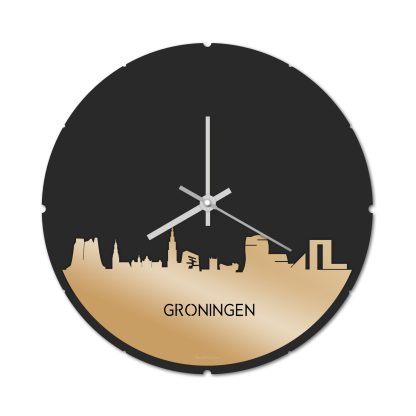 Skyline Klok Rond Groningen Metallic Goud gerecycled kunststof cadeau decoratie relatiegeschenk van WoodWideCities