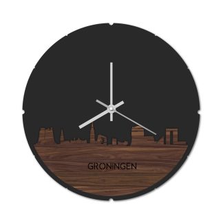 Skyline Klok Rond Groningen Noten houten cadeau decoratie relatiegeschenk van WoodWideCities