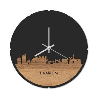 Skyline Klok Rond Haarlem Eiken Eiken  houten cadeau decoratie relatiegeschenk van WoodWideCities