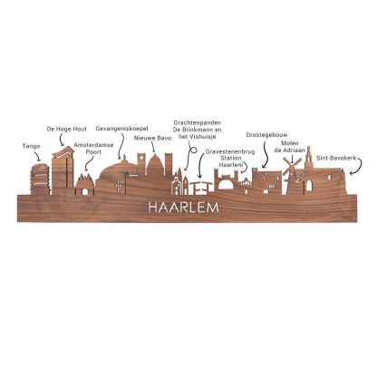 Skyline Klok Rond Haarlem Noten houten cadeau decoratie relatiegeschenk van WoodWideCities