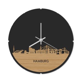 Skyline Klok Rond Hamburg Bamboe houten cadeau decoratie relatiegeschenk van WoodWideCities