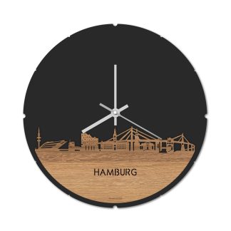 Skyline Klok Rond Hamburg Eiken houten cadeau decoratie relatiegeschenk van WoodWideCities