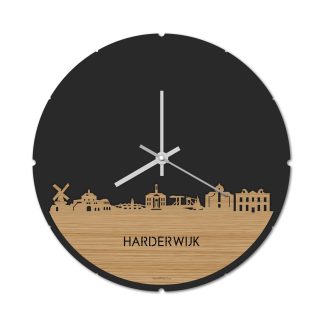 Skyline Klok Rond Harderwijk Bamboe houten cadeau decoratie relatiegeschenk van WoodWideCities