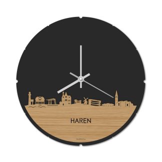 Skyline Klok Rond Haren Bamboe houten cadeau decoratie relatiegeschenk van WoodWideCities