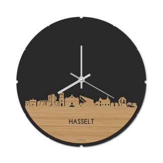 Skyline Klok Rond Hasselt Bamboe houten cadeau decoratie relatiegeschenk van WoodWideCities