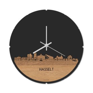 Skyline Klok Rond Hasselt Eiken houten cadeau decoratie relatiegeschenk van WoodWideCities