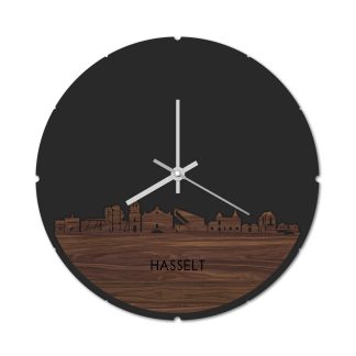 Skyline Klok Rond Hasselt Noten houten cadeau decoratie relatiegeschenk van WoodWideCities