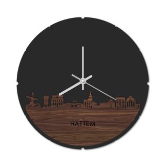 Skyline Klok Rond Hattem Noten houten cadeau decoratie relatiegeschenk van WoodWideCities