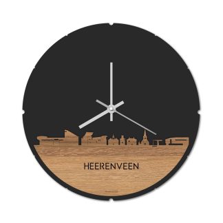 Skyline Klok Rond Heerenveen Eiken Eiken houten cadeau decoratie relatiegeschenk van WoodWideCities