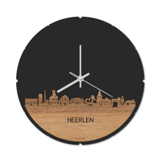 Skyline Klok Rond Heerlen Eiken houten cadeau decoratie relatiegeschenk van WoodWideCities