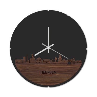 Skyline Klok Rond Heerlen Noten houten cadeau decoratie relatiegeschenk van WoodWideCities