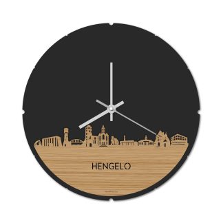 Skyline Klok Rond Hengelo Bamboe houten cadeau decoratie relatiegeschenk van WoodWideCities