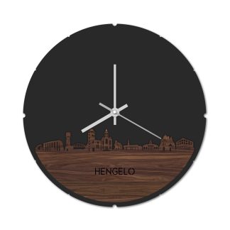 Skyline Klok Rond Hengelo Noten houten cadeau decoratie relatiegeschenk van WoodWideCities