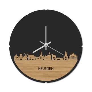 Skyline Klok Rond Heusden Bamboe houten cadeau decoratie relatiegeschenk van WoodWideCities