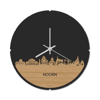 Skyline Klok Rond Hoorn Bamboe houten cadeau decoratie relatiegeschenk van WoodWideCities