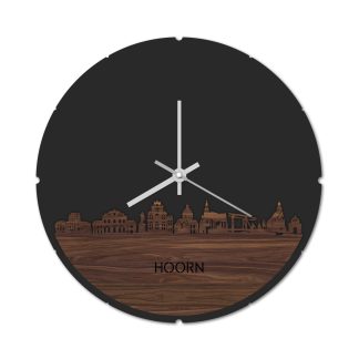 Skyline Klok Rond Hoorn Noten houten cadeau decoratie relatiegeschenk van WoodWideCities