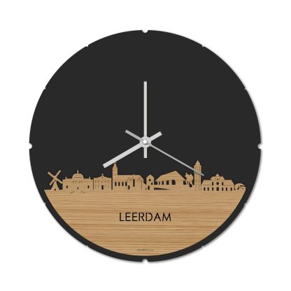 Skyline Klok Rond Leerdam Bamboe houten cadeau decoratie relatiegeschenk van WoodWideCities