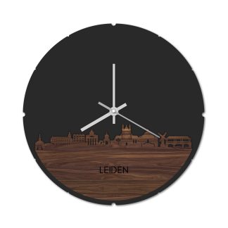 Skyline Klok Rond Leiden Noten houten cadeau decoratie relatiegeschenk van WoodWideCities