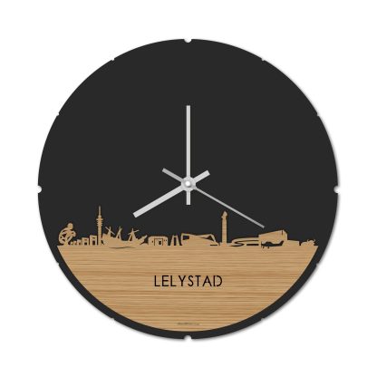 Skyline Klok Rond Lelystad Bamboe houten cadeau decoratie relatiegeschenk van WoodWideCities