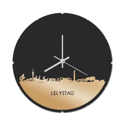 Skyline Klok Rond Lelystad Metallic Goud gerecycled kunststof cadeau decoratie relatiegeschenk van WoodWideCities