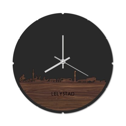 Skyline Klok Rond Lelystad Noten houten cadeau decoratie relatiegeschenk van WoodWideCities