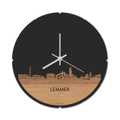 Skyline Klok Rond Lemmer Eiken houten cadeau decoratie relatiegeschenk van WoodWideCities