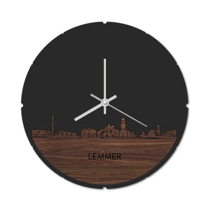 Skyline Klok Rond Lemmer Noten houten cadeau decoratie relatiegeschenk van WoodWideCities