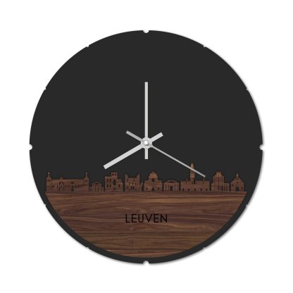 Skyline Klok Rond Leuven Noten houten cadeau decoratie relatiegeschenk van WoodWideCities