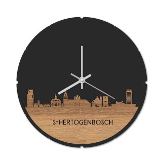 Skyline Klok Rond Den Bosch Eiken houten cadeau decoratie relatiegeschenk van WoodWideCities