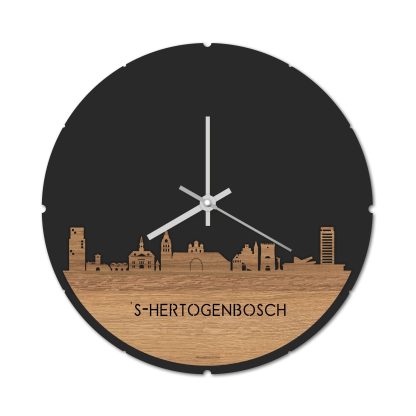 Skyline Klok Rond Den Bosch Eiken houten cadeau decoratie relatiegeschenk van WoodWideCities