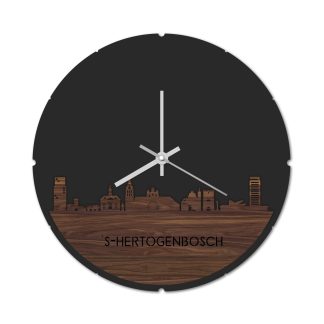 Skyline Klok Rond Den Bosch Noten houten cadeau decoratie relatiegeschenk van WoodWideCities